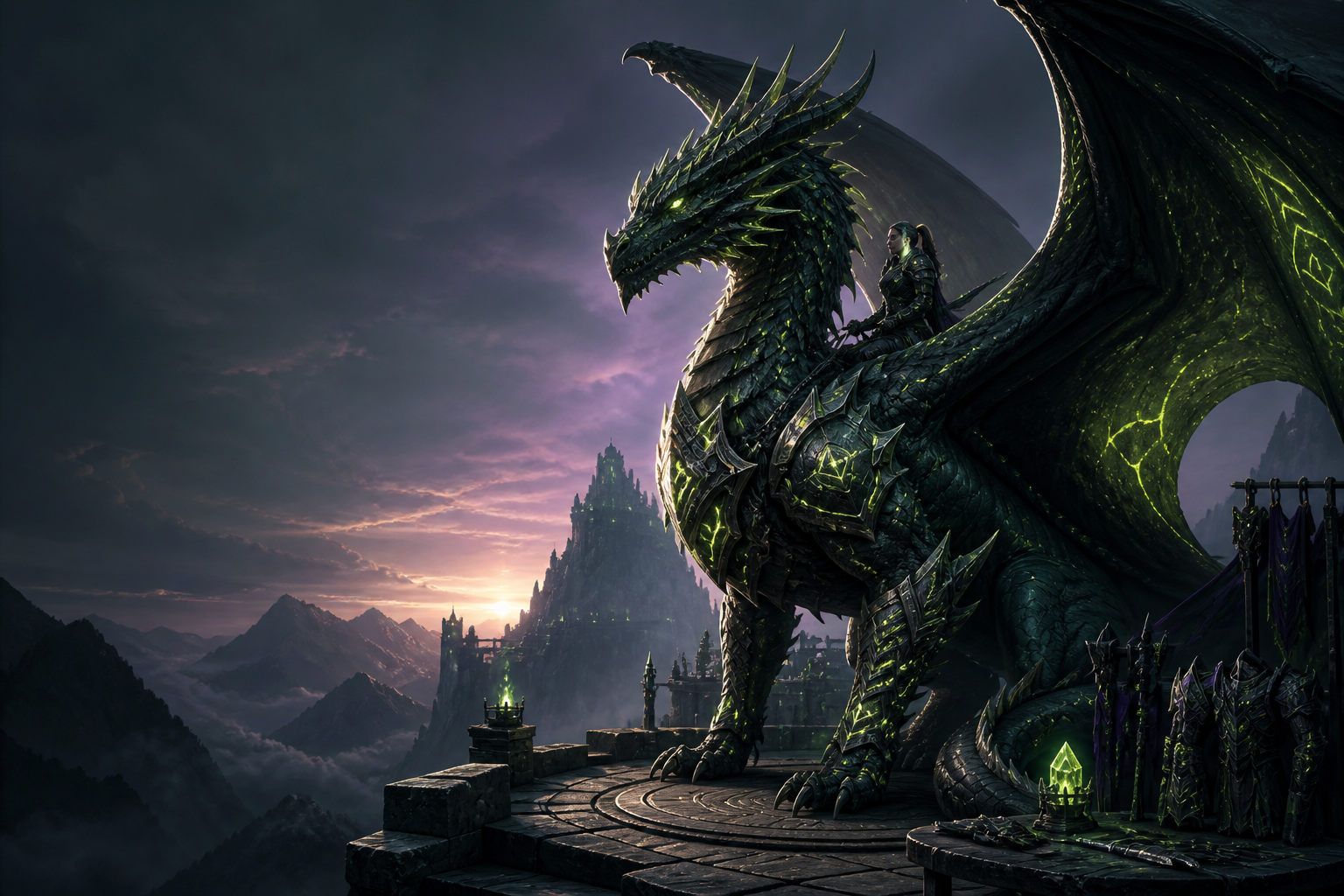 Armored fantasy dragon surrounded by glowing runes