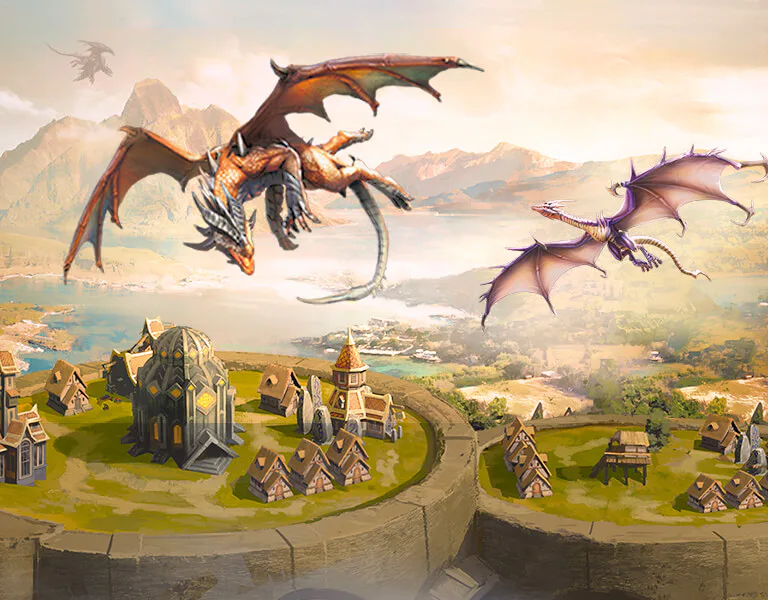 Dragons flying above a War Dragons island base