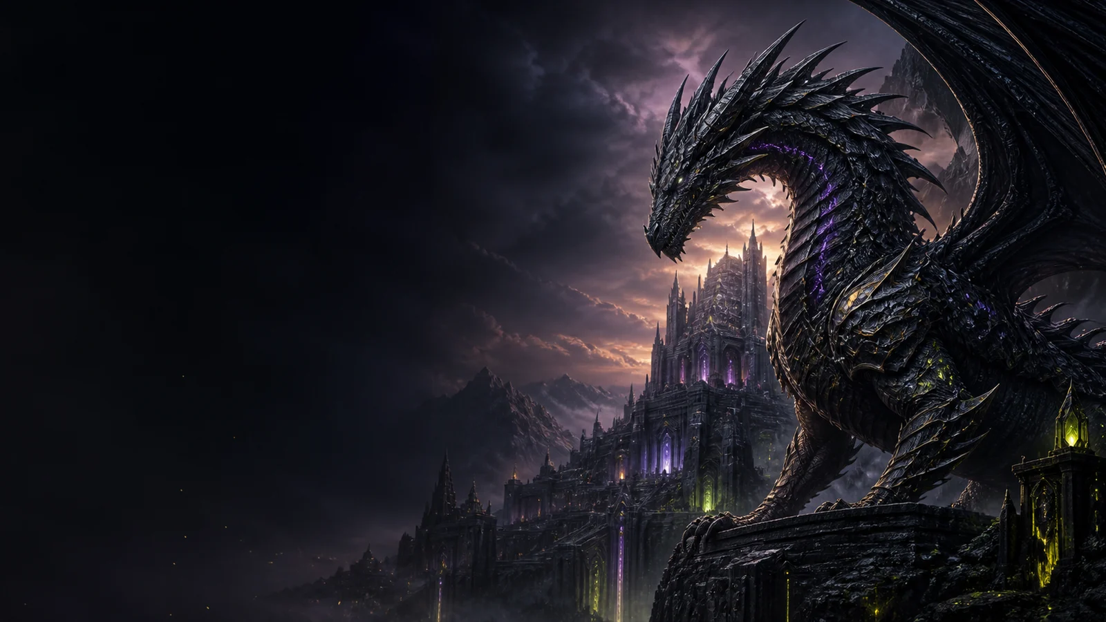 Armored black dragon guarding a luminous mountain citadel