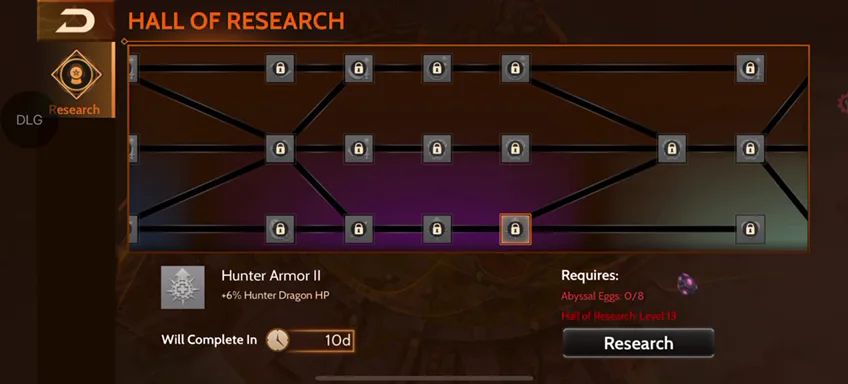 War Dragons Hall of Research with connected research nodes